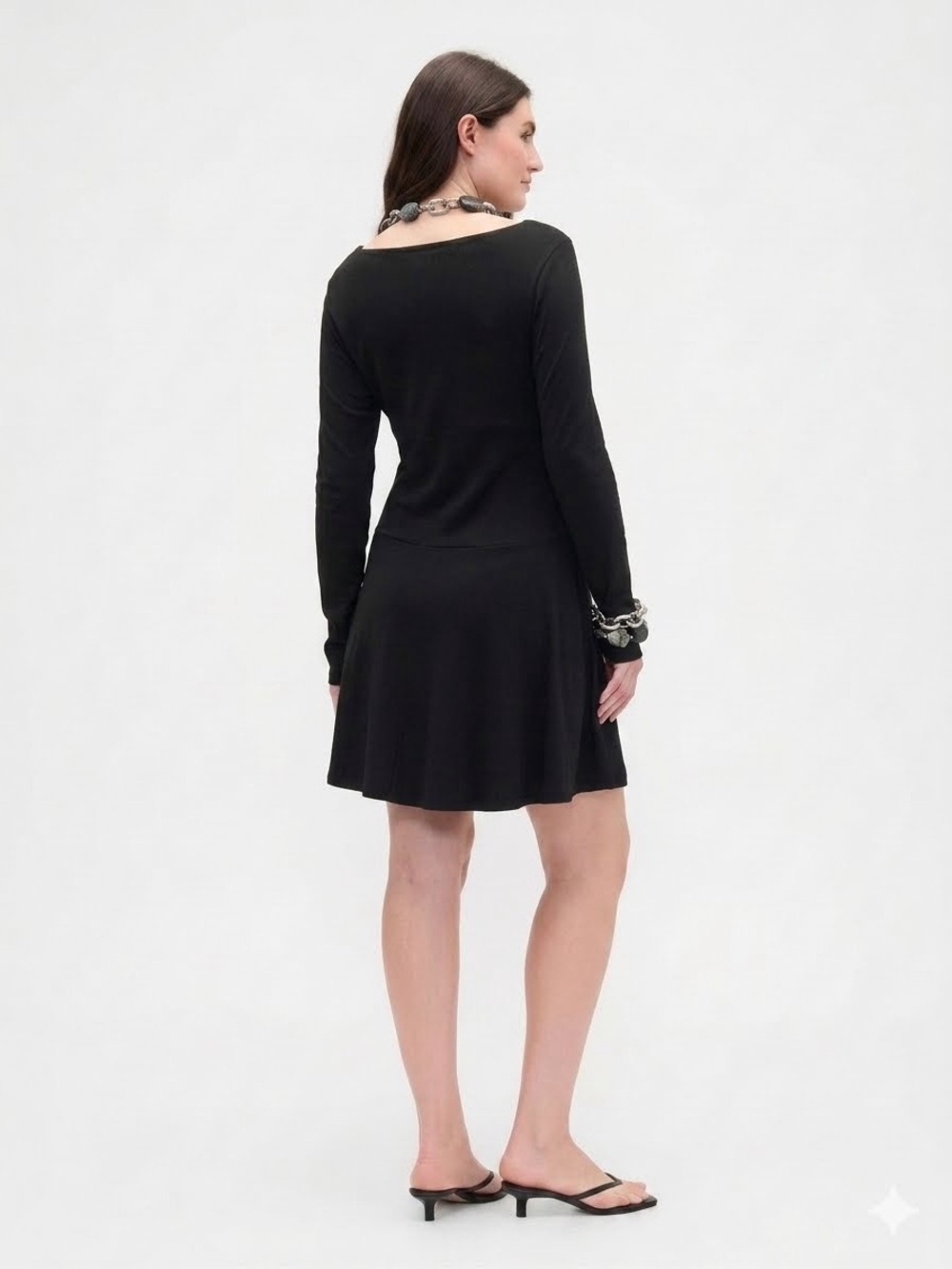 GAP NWT Black Long-Sleeve Boatneck Mini Fit-and-Flare Dress~Size L - Picture 3 of 8